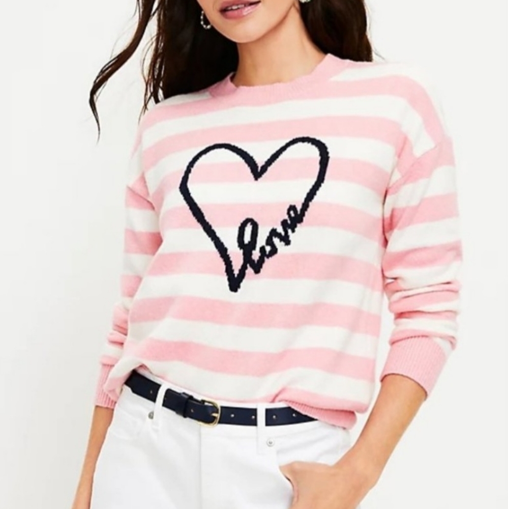 NWT LOFT Pink and White Stripe Scoop Neckline Sweater with Love Heart Design